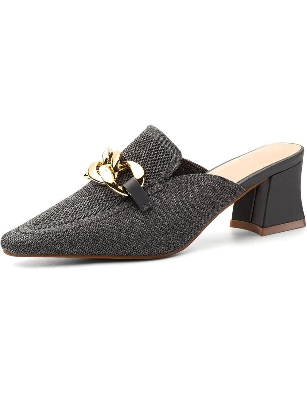 Newbella Women's Gray Knit Mule Heels with Gold Chain Accent - US Size 8